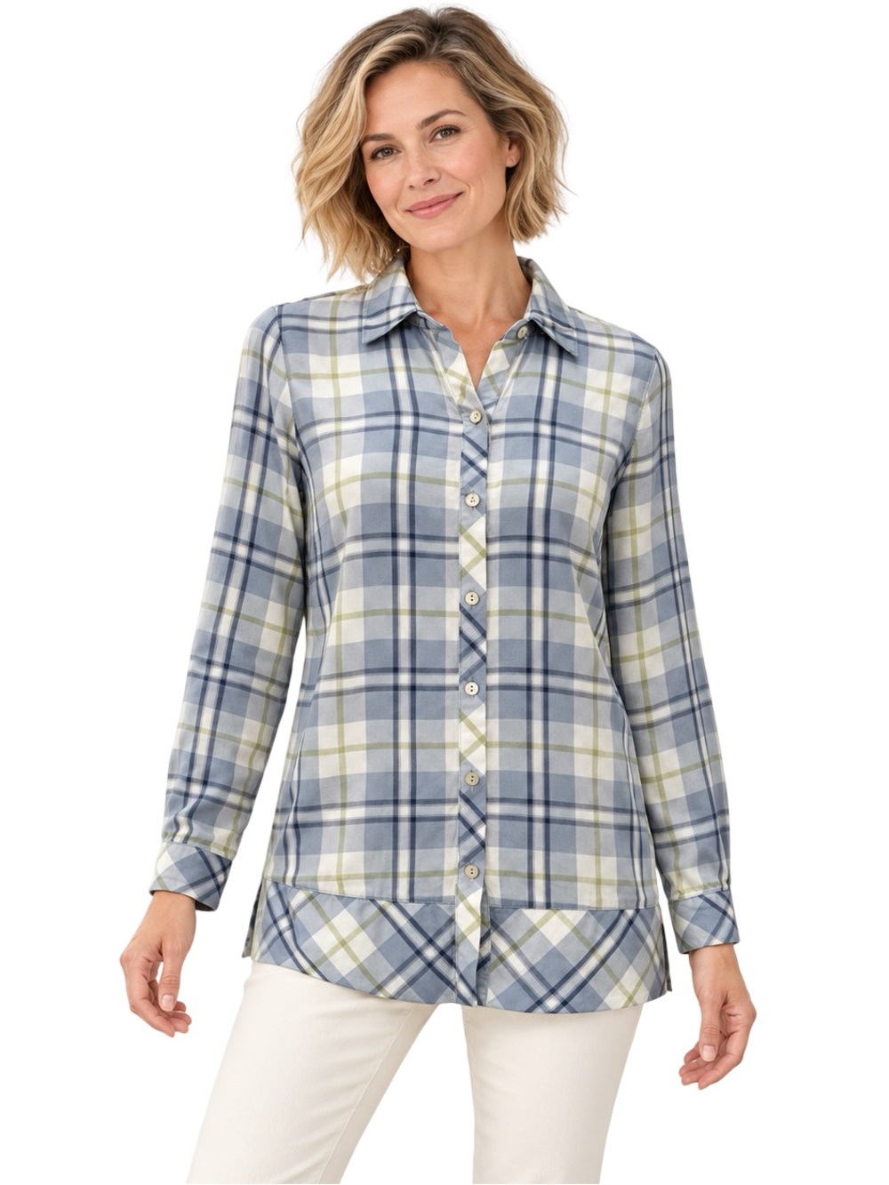 J.Jill Plaid Multi-Yarn-Dyed Tunic Wedgewood Blue Green XS Petite